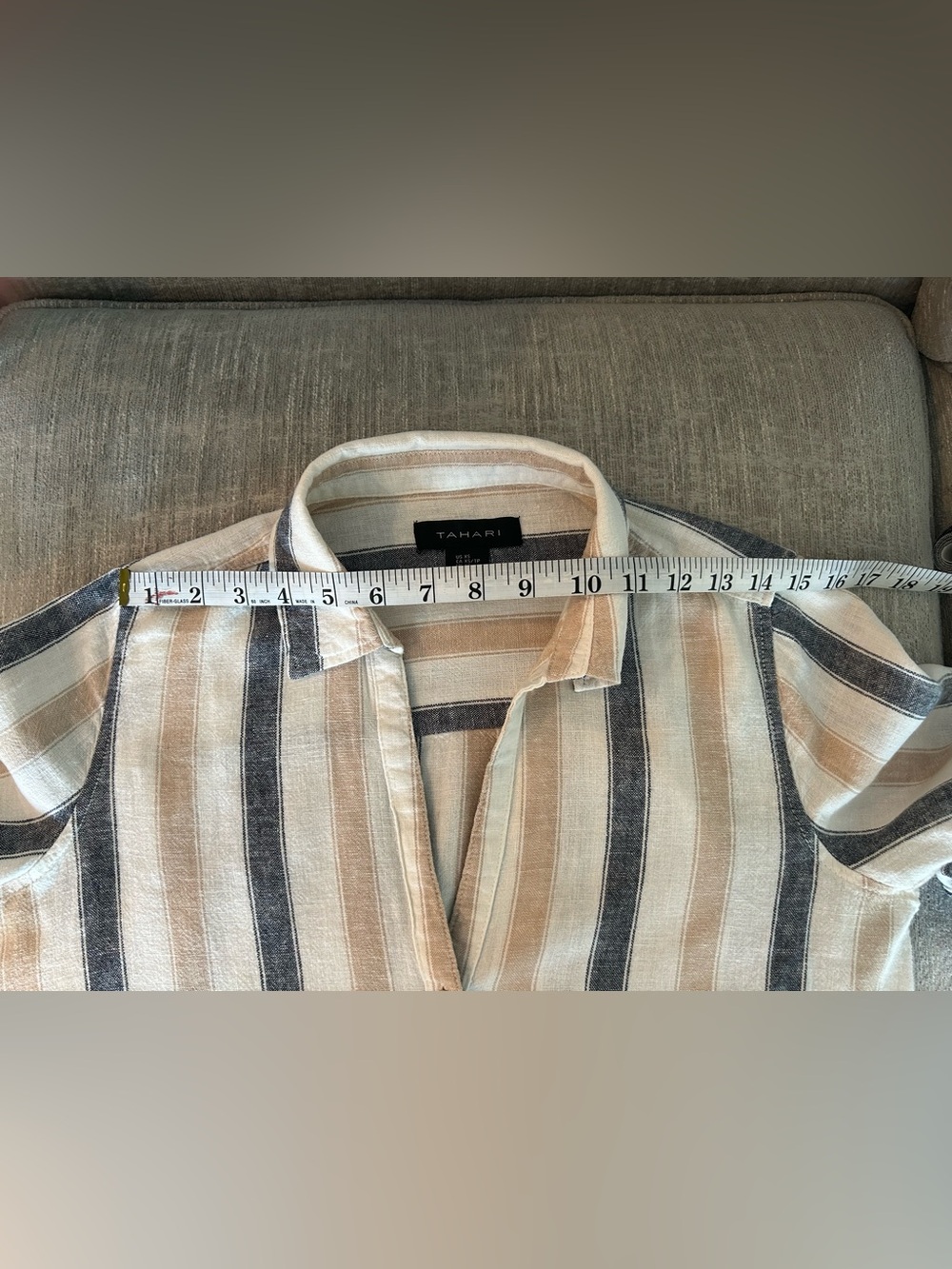 Tahari Linen Beige and Navy Striped Shirt - Picture 6 of 9
